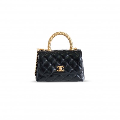 CHANEL MINI FLAP BAG WITH TOP HANDLE CALFSKIN & GOLD METAL BLACK AS2215 (19*13*9cm)
